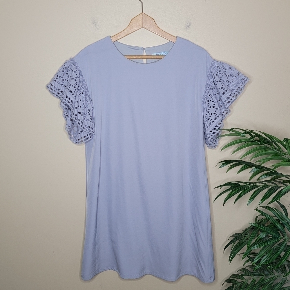 She + Sky Lavender Crochet Lace Statement Sleeve Shift Dress Size Large Pastel